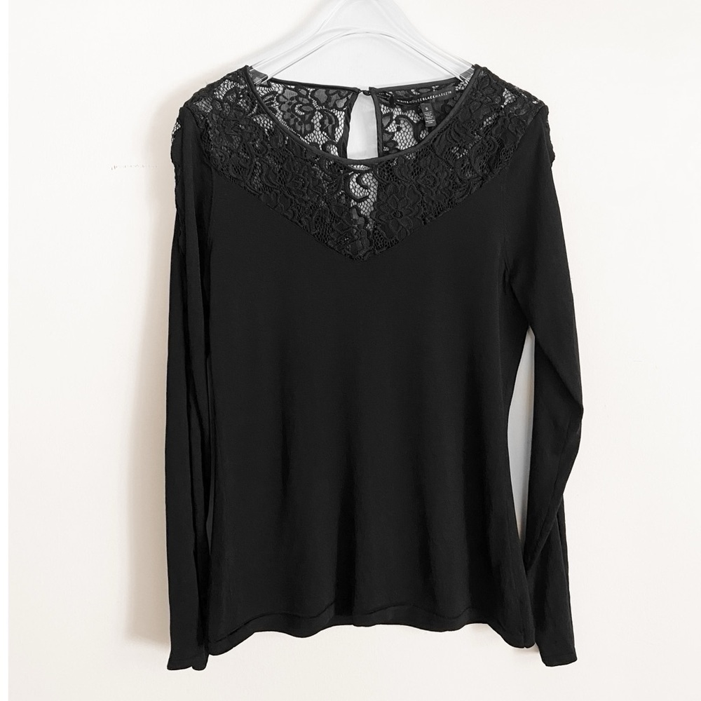 WHITE HOUSE BLACK MARKET Lace Accent Black Blouse Womens size S